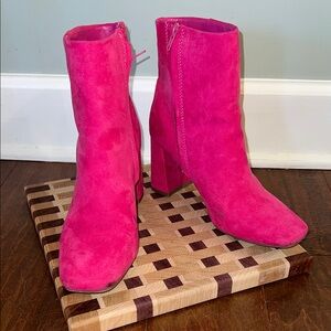 Vibrant Pink Suede Heeled Boots